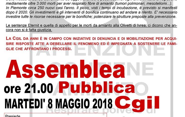 Giustizia per i morti d’amianto: assemblea con Landini martedì 8 maggio a Ivrea