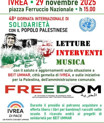 Sabato 29 novembre giornata internazionale di solidarietà con il popolo palestinese. A Ivrea presidio alle 15