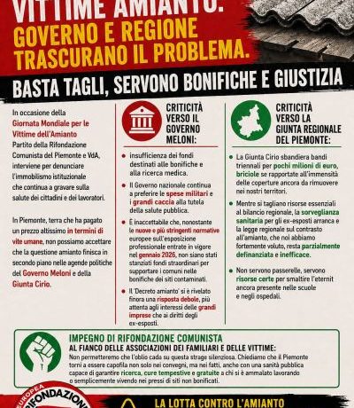 Amianto, la denuncia di Rifondazione: «Governo e Regione trascurano il problema. Serve giustizia, non tagli»
