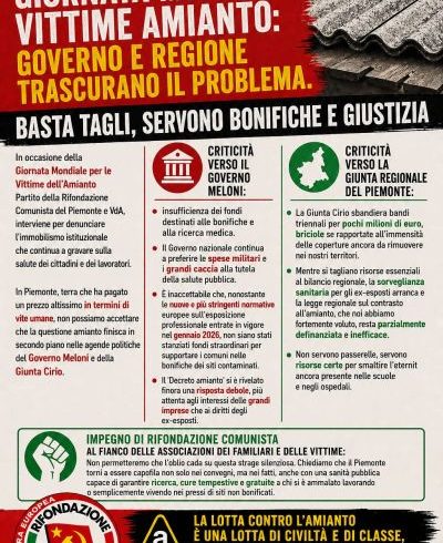 Amianto, la denuncia di Rifondazione: «Governo e Regione trascurano il problema. Serve giustizia, non tagli»